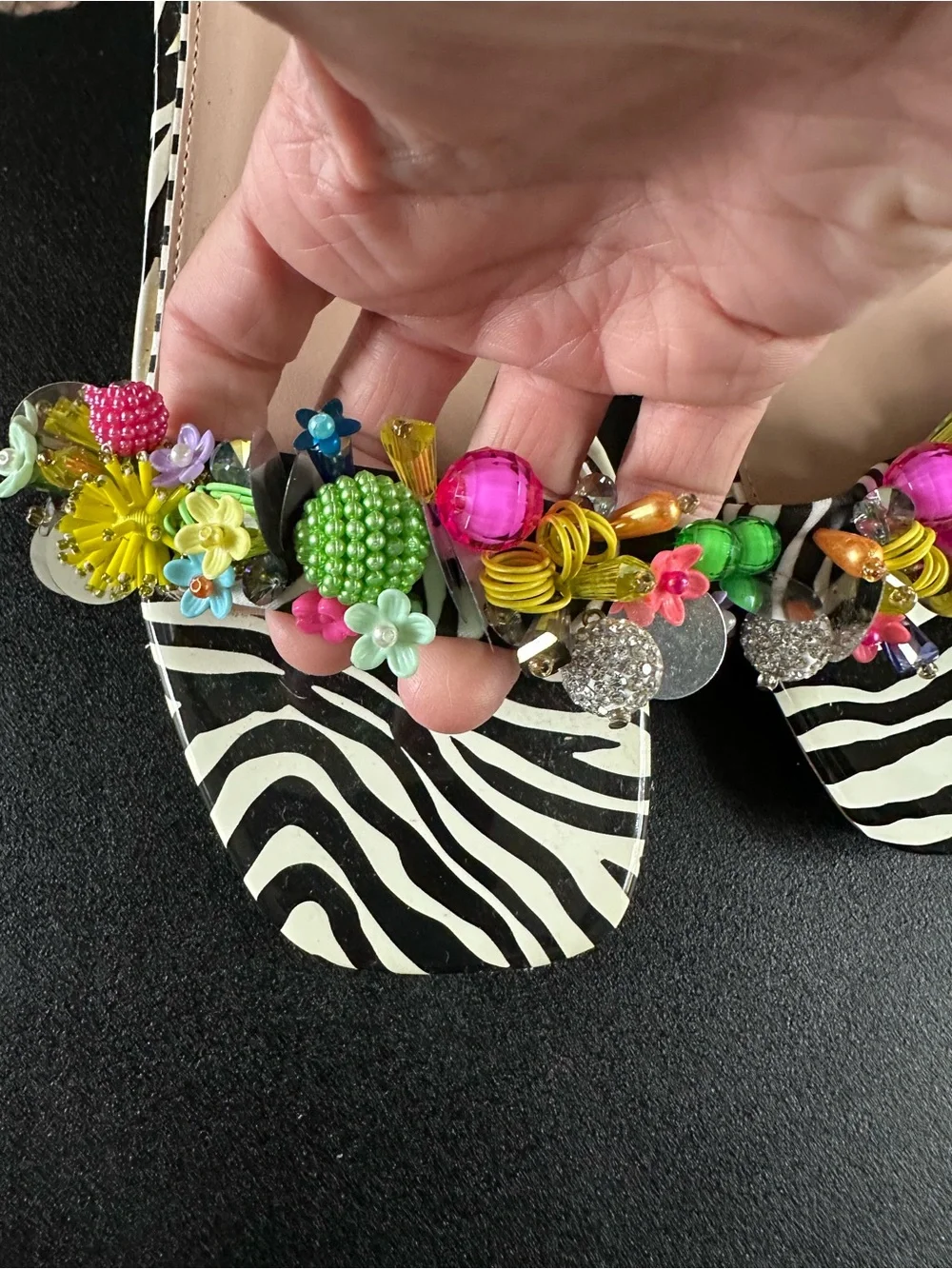 Betsey Johnson Black Zebra Print Bejeweled Ankle Strap Sandals. NWOT - Picture 2 of 8